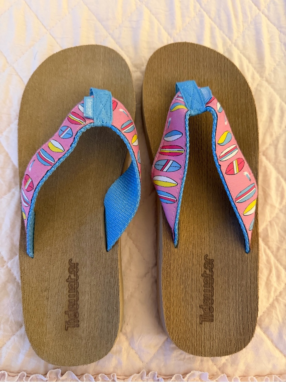 Women's Pink Surf Print Flip-Flop Sandals with Blue Straps
